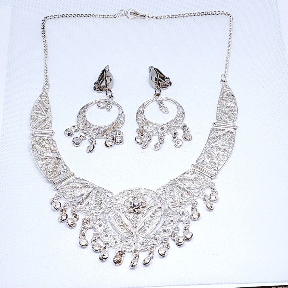 Rare Vintage Artisan Crafted Thailand Wedding Jewelry necklace & earrings 22 in